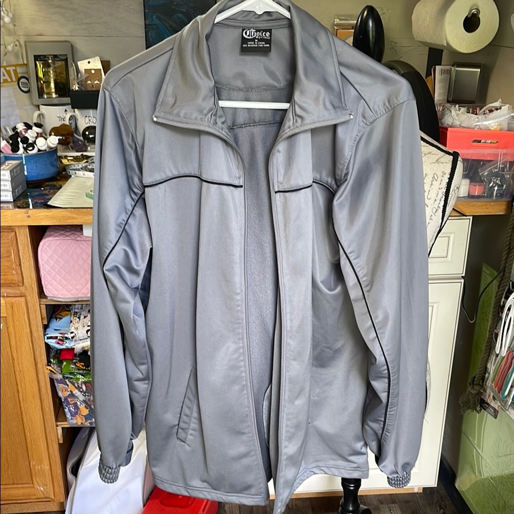 Gray Windbreaker with Full-Zip and Standing Collar